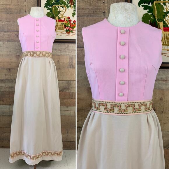 Vintage 1970’s Vicky Vaughn Romantic Embroidered Maxi Dress Mod - Picture 1 of 9
